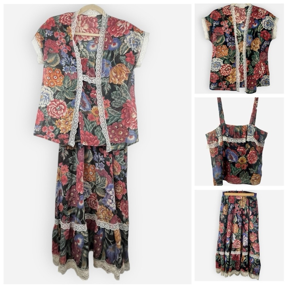 Vintage California Connection 70s 3 Piece Top Skirt Jacket Set Floral Lace Small